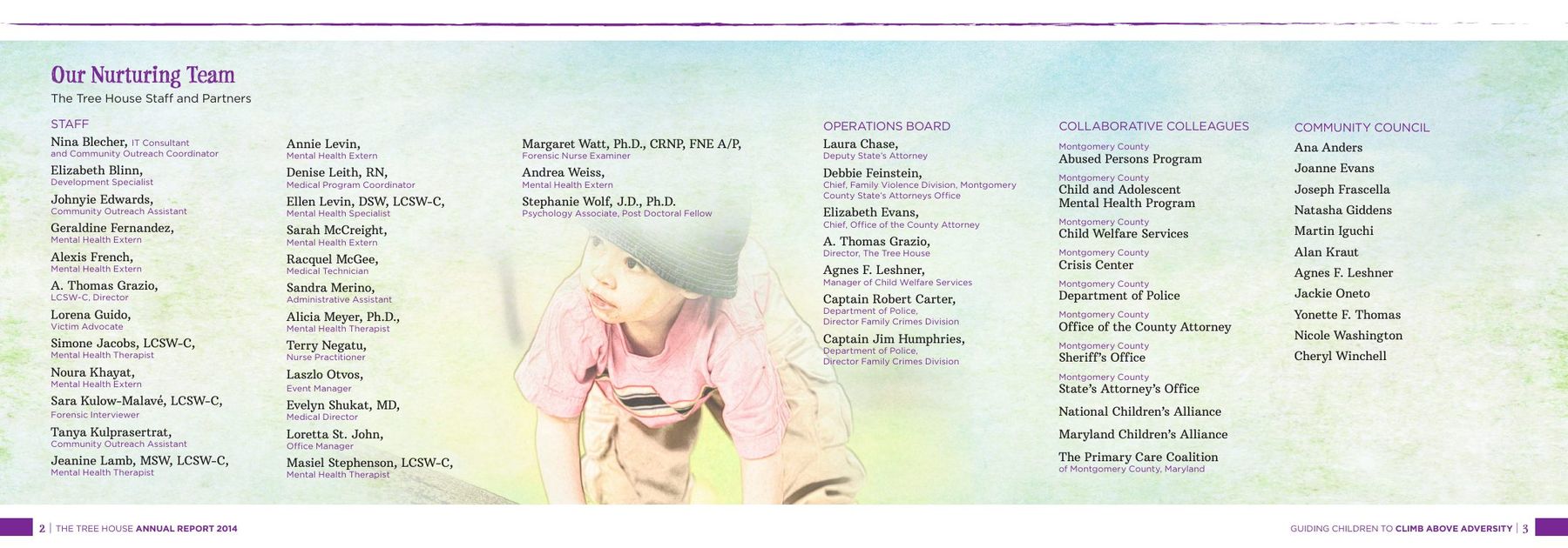 Tree House 2014 Annual Report, page 3: The Tree House staff and partners, with the Community Council listing Natasha Giddens