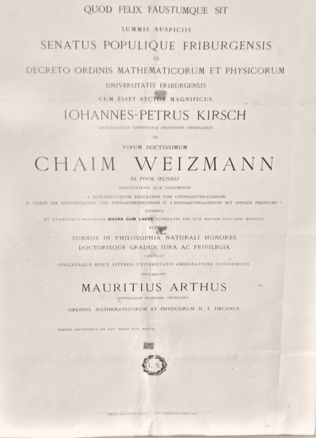 Chaim Weizmann's 1899 doctoral diploma from the University of Fribourg, in Latin, framed in his original laboratory