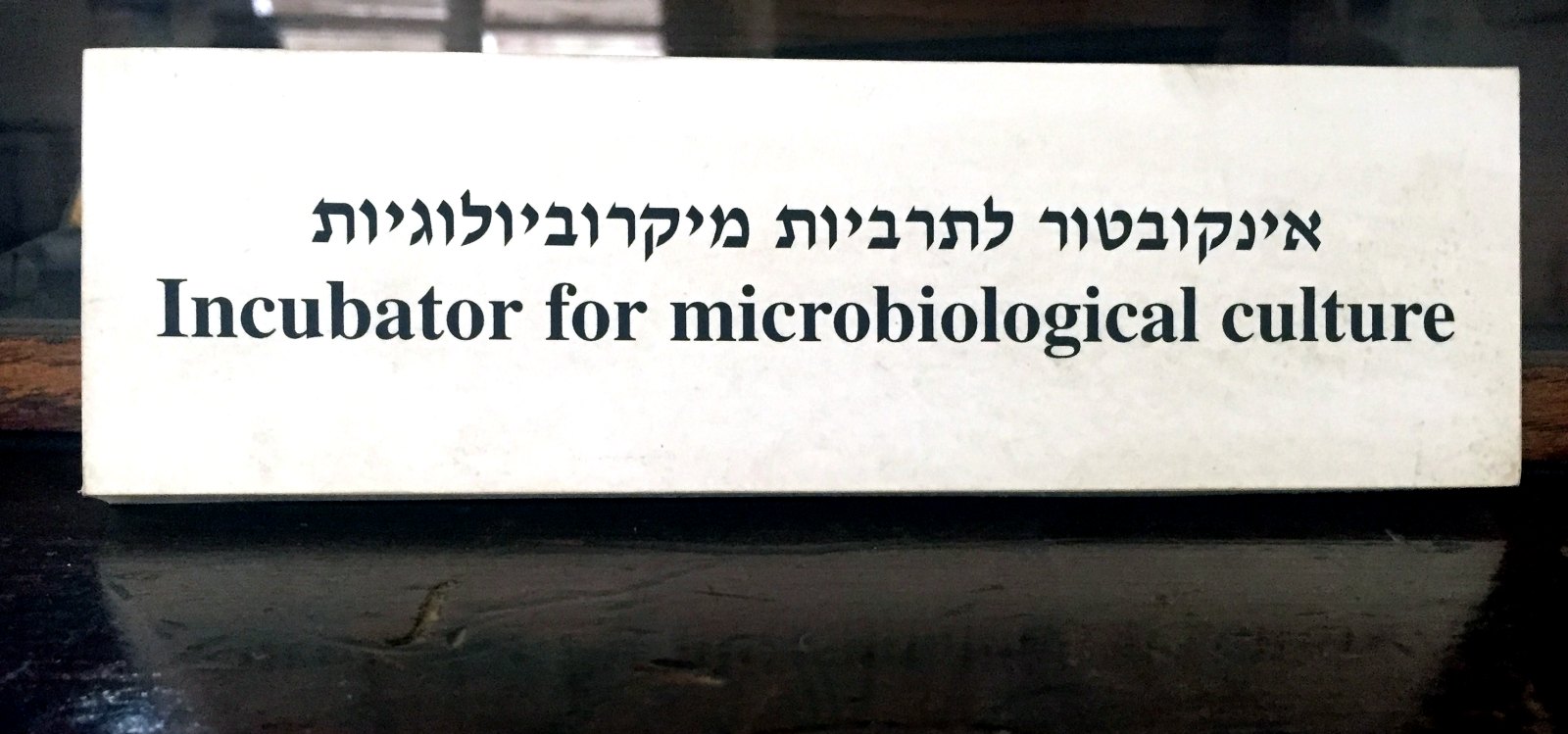 A bilingual sign reading Incubator for microbiological culture in Chaim Weizmann's laboratory