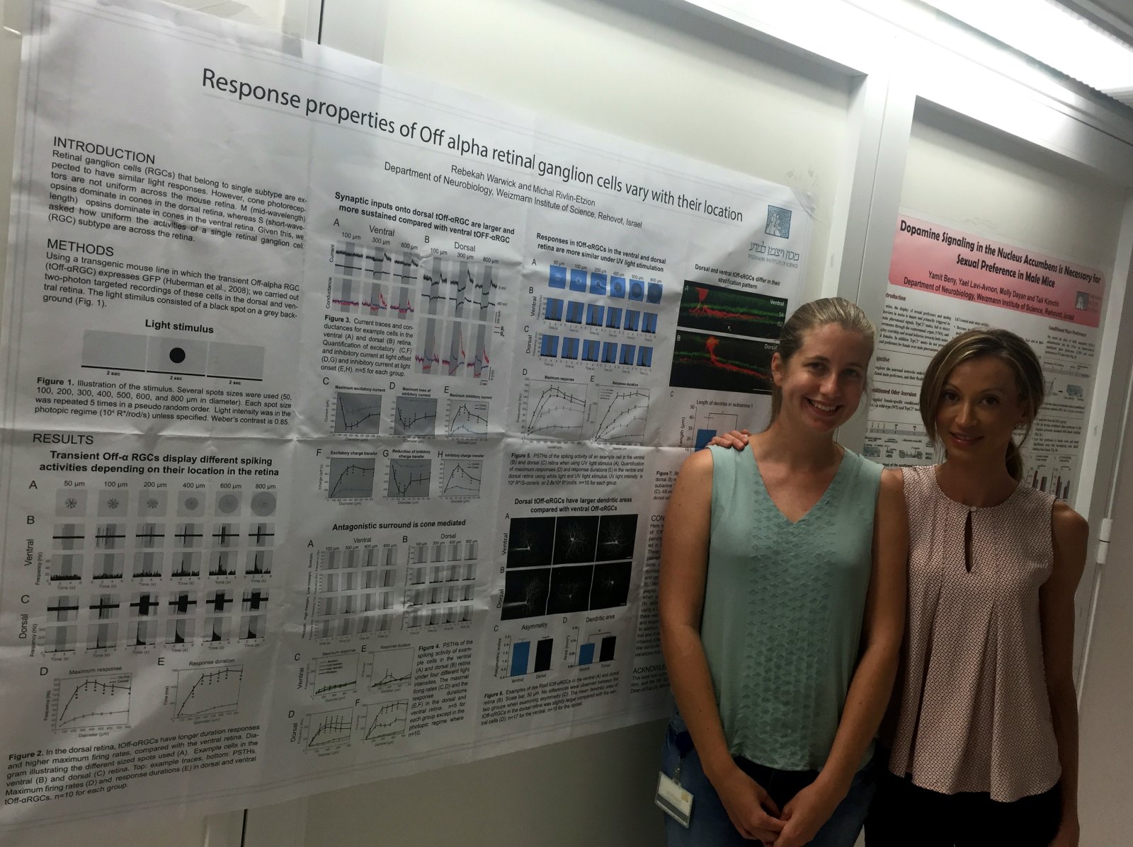 Dr. Giddens and postdoctoral fellow Rebekah Warwick beside a research poster on retinal ganglion cells