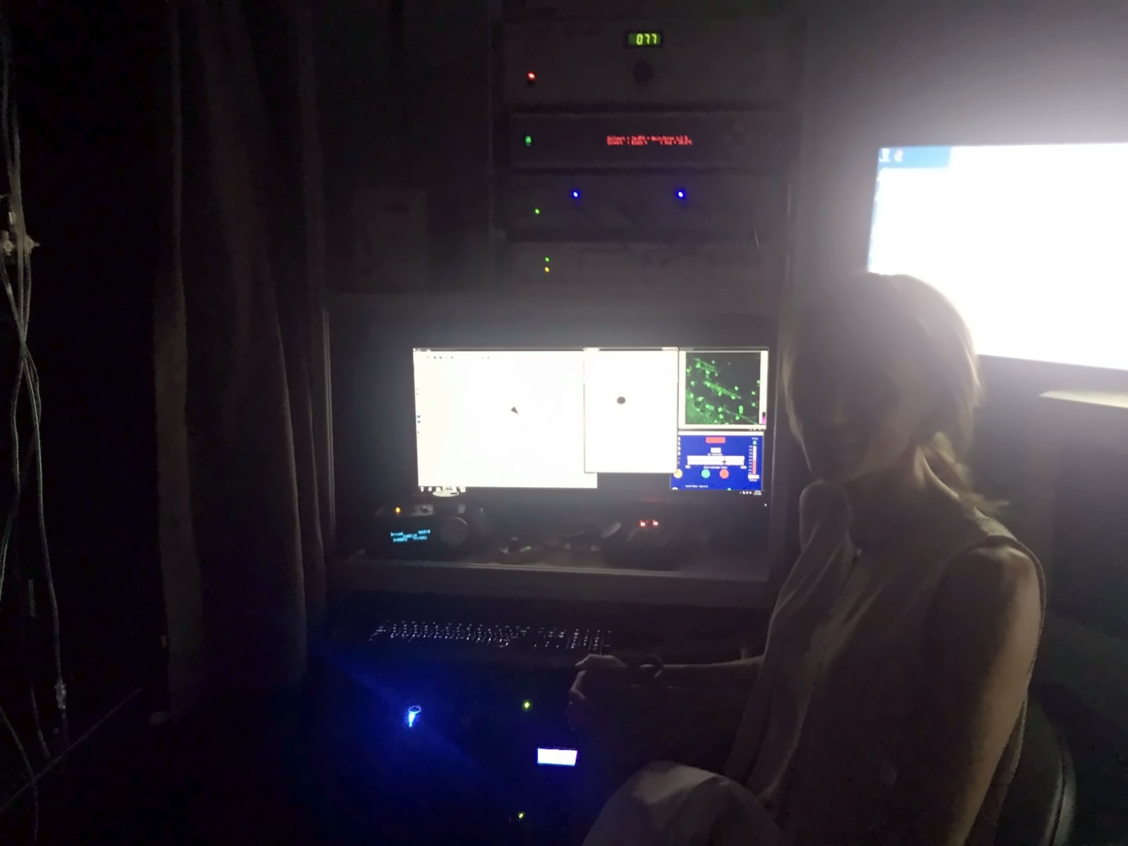 Dr. Giddens at the two-photon microscope in a darkened laboratory